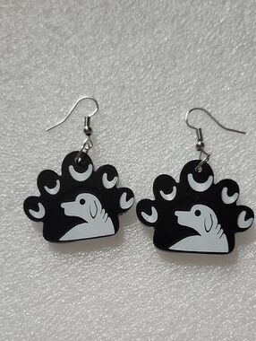 Hand Crafted Black and White Dog Paw Earrings